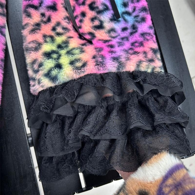 1 Paar bequeme Fleece-Beinlinge zum Stapeln mit Leopardenmuster und Spitzenbesatz, verstellbar für Outfits bei kaltem Wetter