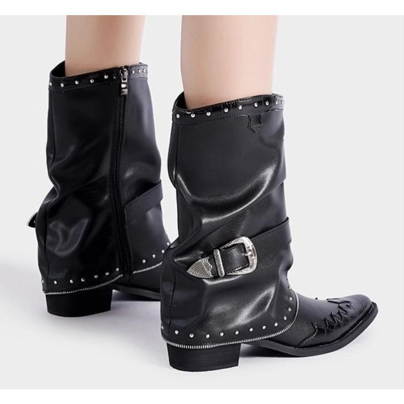 Fashion New Retro Boots Popular Flame Rivet Pleated Knight Boots Women Pointed Toe Chunky Heel Belt Buckle Black Leather Mid Calf Boots