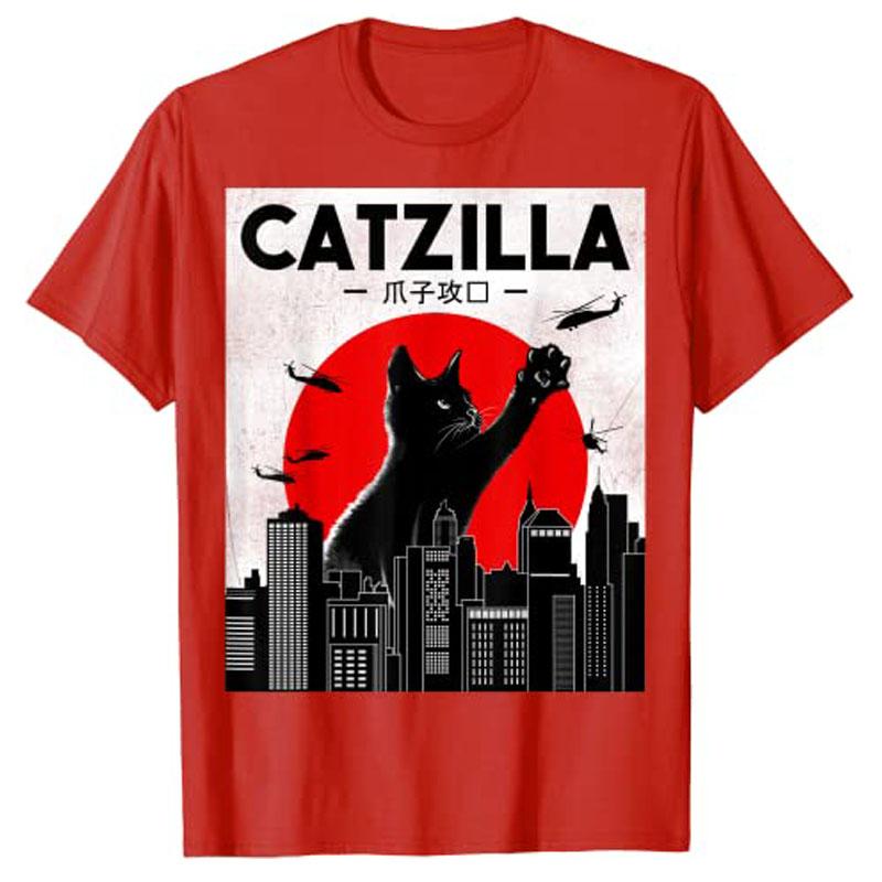 Catzilla Funny Cat Shirt Funny Cat Lover Tshirt Cool Japanese Cartoon Tee Tops Anime Apparel Y2k Kitten Unisexga Graphic Clothes S