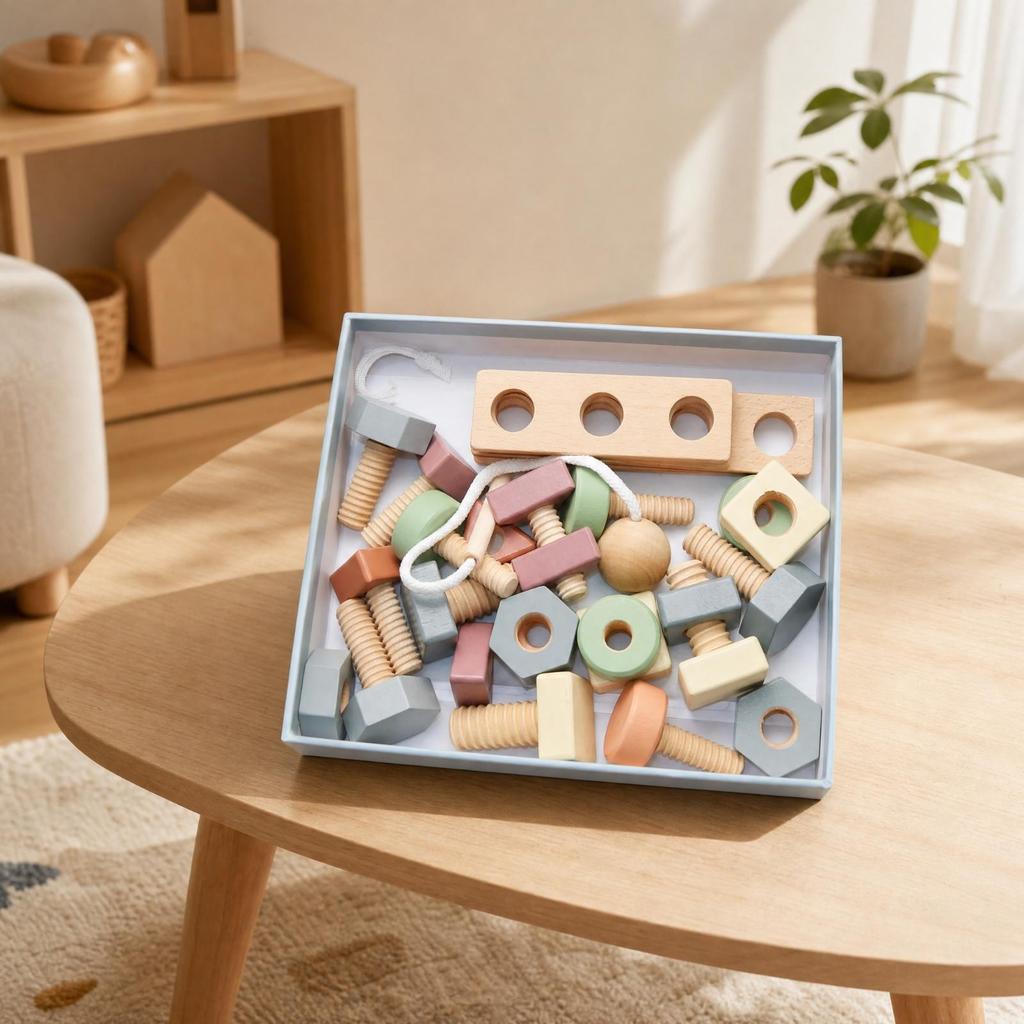 Wooden Nut and Bolt Threading Toy Pastel Colored for Quiet Play, Toddlers