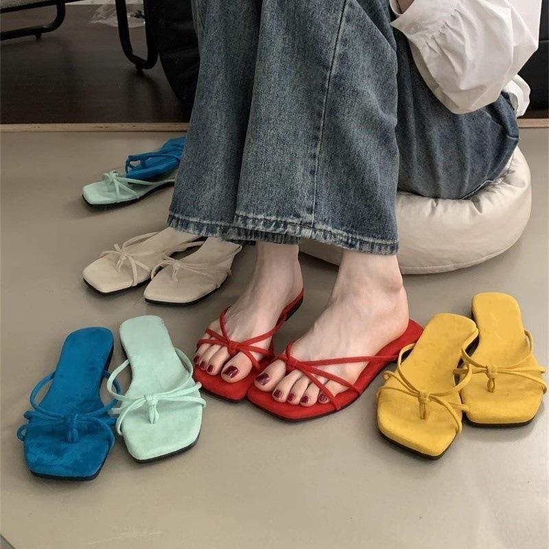 French square head pinch flip-flops shoes women's summer Roman sandals gentle thin strap flat toe cool slippers