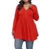 Women's Large Size Casual Solid Color V-neck Buttoned Waist And Large Hem Stitching Long-sleeved Loose T-shirt Top