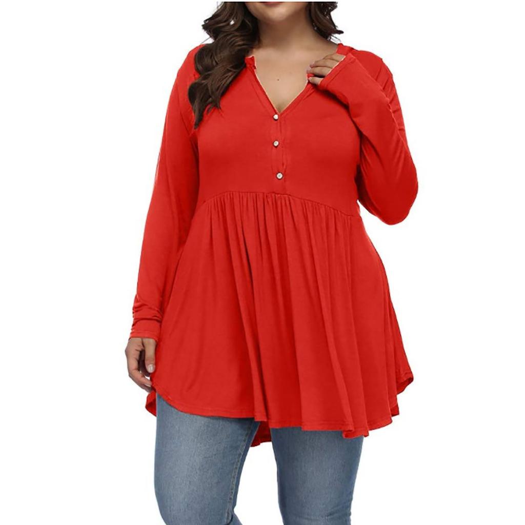 Women's Large Size Casual Solid Color V-neck Buttoned Waist And Large Hem Stitching Long-sleeved Loose T-shirt Top