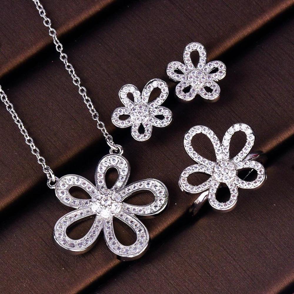 Women Jewelry Set Sunflower Necklace Flower Petal Micro Pave Diamond Open Ring Earrings