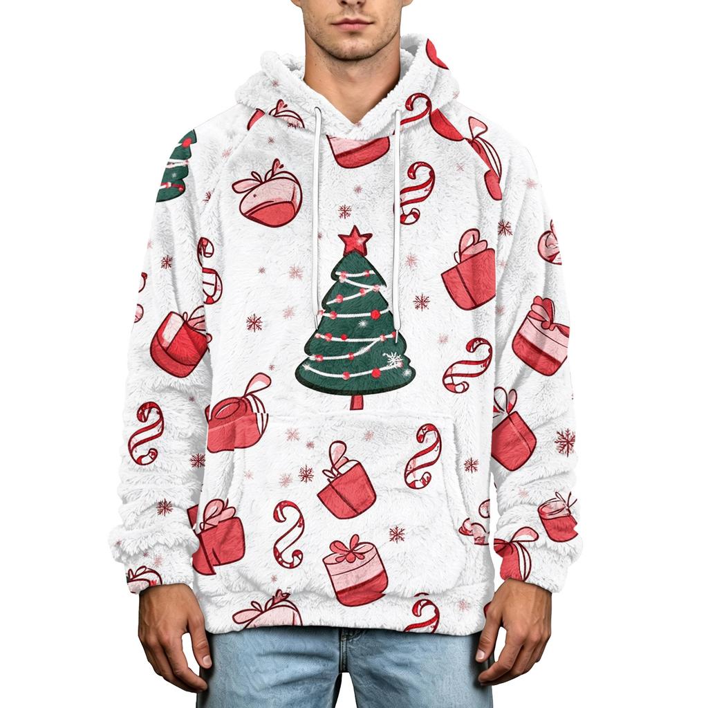 Men's Christmas Print Flannel Hoodie Hooded Casual Pullover Sweatshirt for Fall Winter