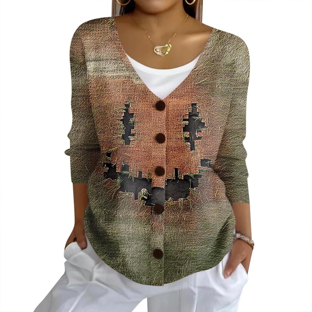 Women's Fashion Casual Knit Sweater Button-Up Halloween Printed  Cardigan Jacket