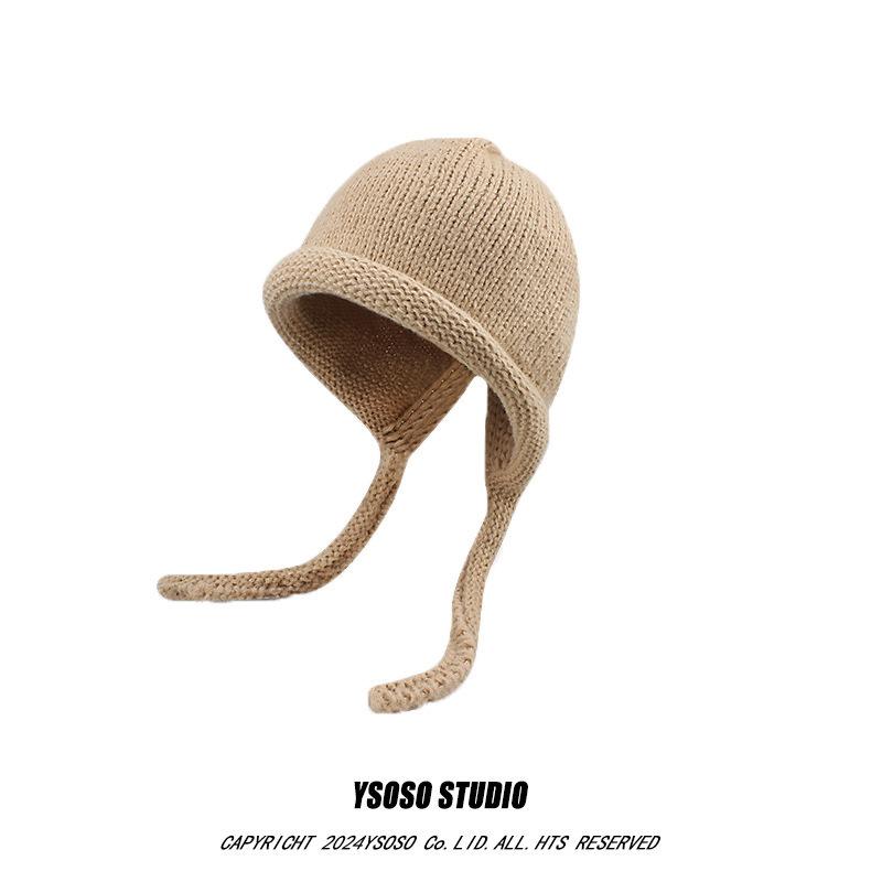 Japanese Retro Curly Wool Knitted Hat for Women In Autumn and Winter Big Head Circumference Showing Face Small and Versatile Warm Ear Protection Hat