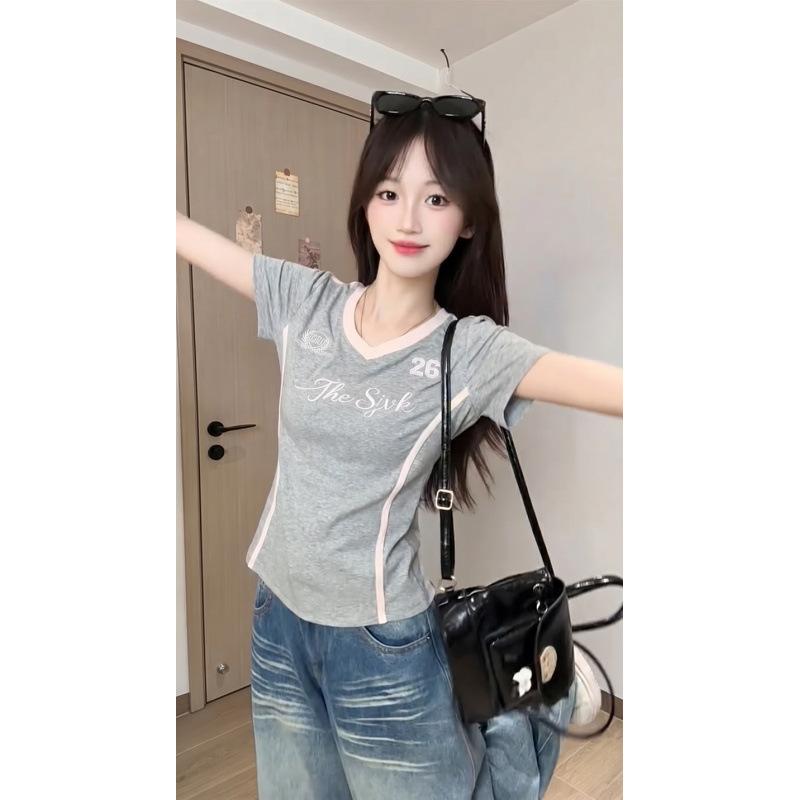 American sweet and spicy style contrasting color v-neck front shoulder short-sleeved t-shirt women s summer design sense slim-fitting sports waist S