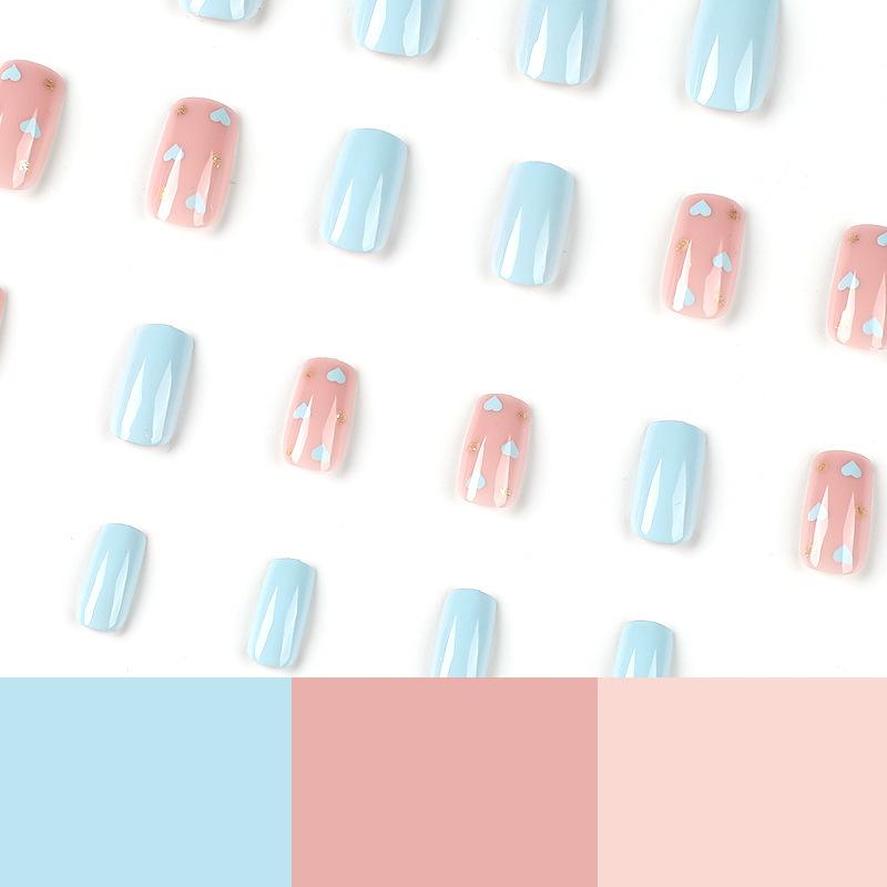 24Pcs/Set Quick Nails Piece Of Blue Love Golden Polka Dot False Nials Sticker Wearable Waterproof Manicure Finished Nails