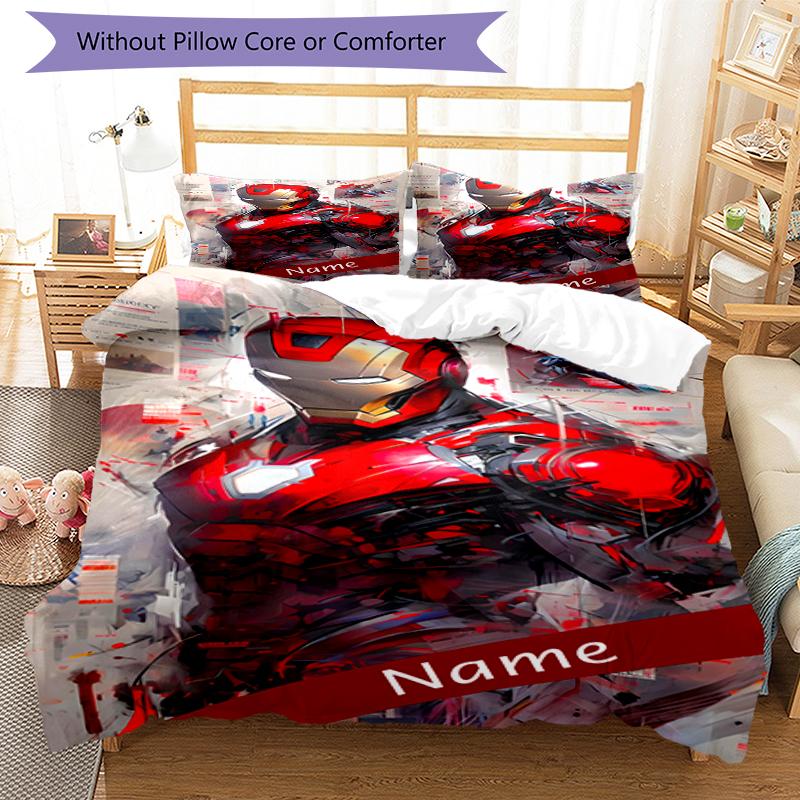 3pcs Custom Name Iron Man Bedding Set Duvet Cover Closure Includes 1 Duvet Cover & 2 Pillowcases, Soft and Comfortable for All Seasons.