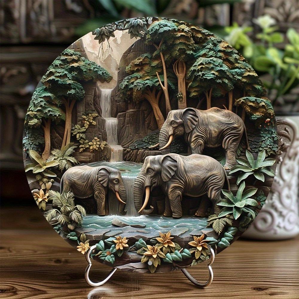 1 Piece 2D Wooden Hanging Sign Vintage Elephant Theme 8 Inch Round Sign Home Bar Garage Cafe & Garden Lucky Pray Elephant Decor