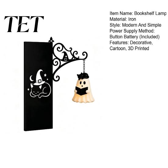 Dark Fairy Tale Room Ornament Hanging Ghost Book Light, Spooky Iron Bookshelf Decor with Warm Halloween Party Table Glow, Gothic Reading Corner