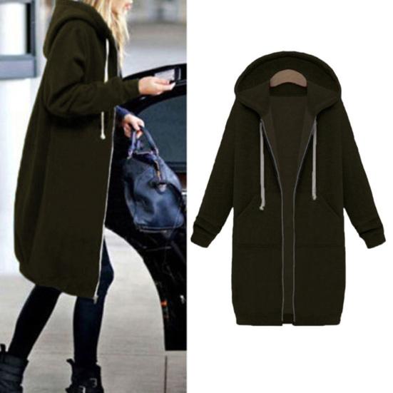 Chic Lady Solid Color Long Sleeve Casual Hooded Sweatshirt Coat Zipper Outwear