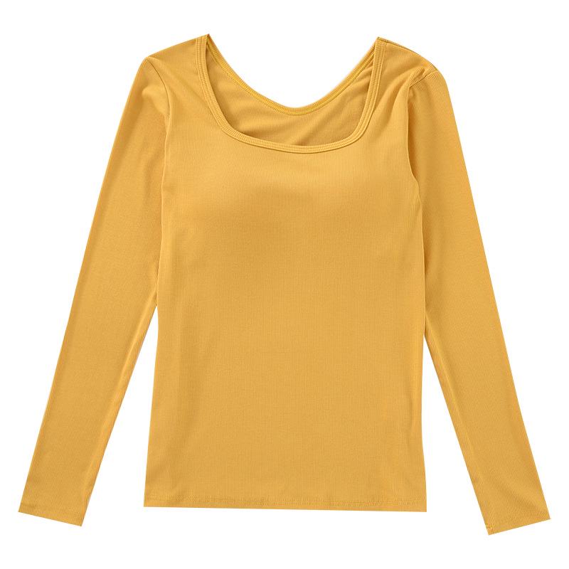 Women's Square Neck Long Sleeve Top with Built-in Bra Pads - Slim Fit for Early Autumn/Spring/Winter