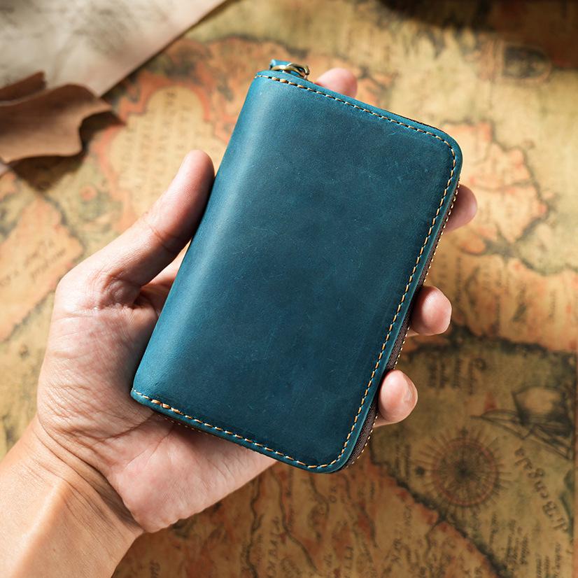 Crazy Horse Leather Car Key Holder - Top Layer Cowhide, Zipper Closure, Anti-Lost Hook, Convenient Design