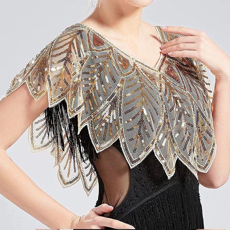 Tassel Patchwork V-Neck Cardigans Women Vintage Shawl Party Dinner Top Scarf Shawls Mesh Beaded Cloak Sequins Capelet Fringes