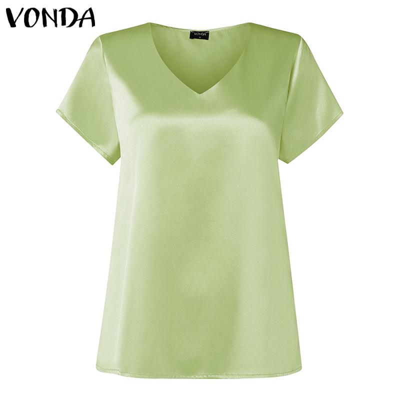 

VONDA Summer Women V Neck Satin Blouse Casual Short Sleeve Tops S зелёный