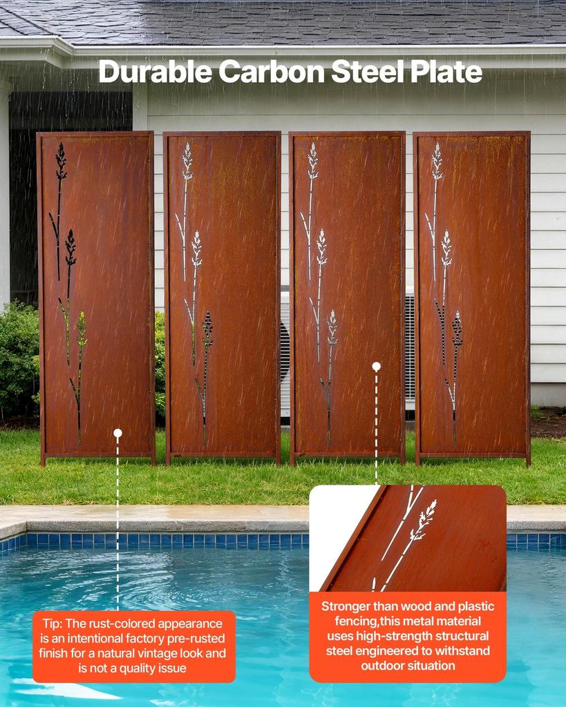 Metal Privacy Screen, 50 x 160 cm Freestanding Modern Privacy Fence, Garden Divider Panel with Extended Ground Stakes & Carbon Steel Plate,