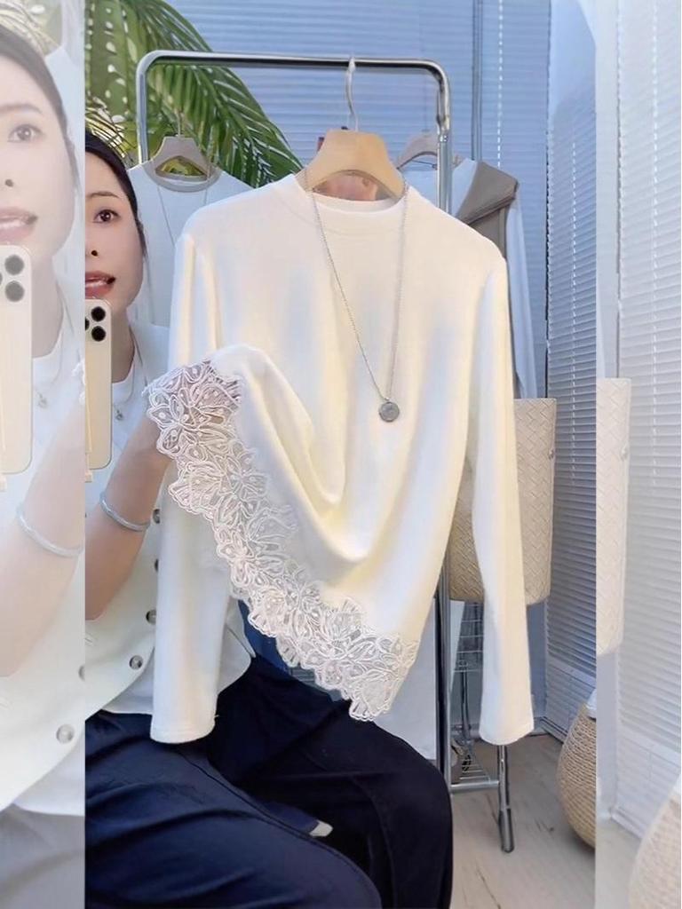 Elegant French Style Patchwork Lace Trim Thermal Top - Round Neck, Long Sleeve (2025 Autumn/Winter Collection)