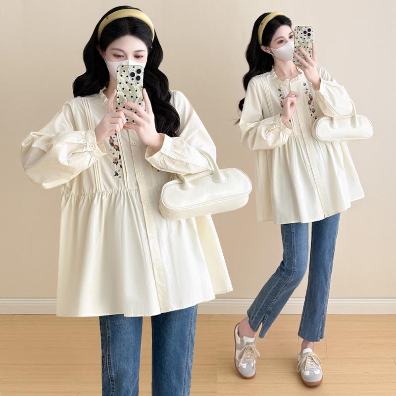 2026 Spring Maternity Wear: Long Sleeve Embroidered Doll Shirt for Fashionable Moms L абрикосовый