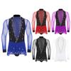 Men Latin Dance Bodysuit Deep V Neck Long Sleeve Color Block Patchwork Shiny Rhinestones Leotard