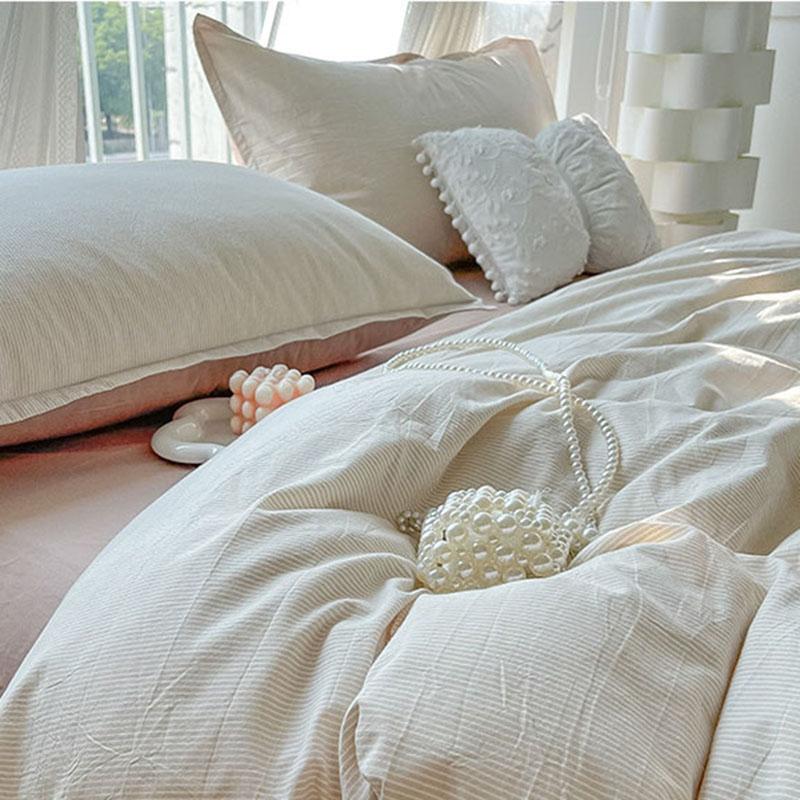 Fine Stripe Printed Bedding Set Washed Skin Friendly Naked Sleeping Comforter Cover Sets Comfortable Breathable Duvet Cover Kit