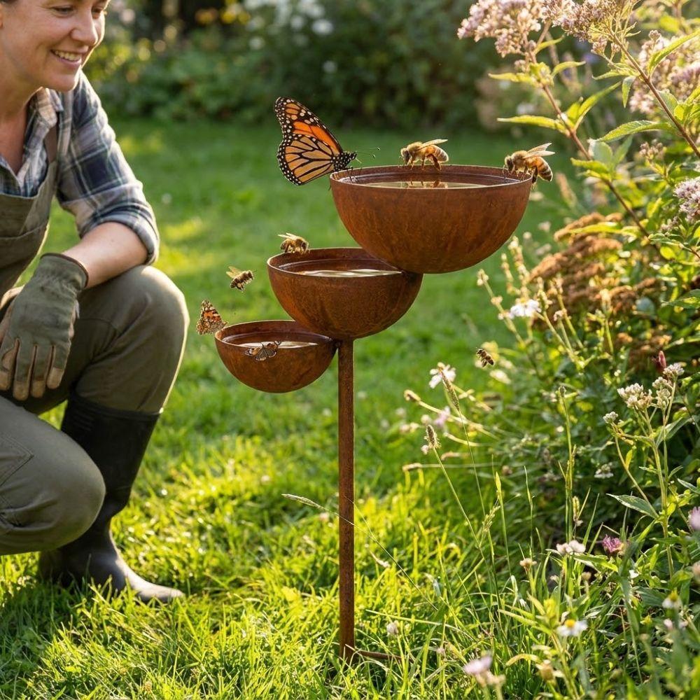 Vintage Iron 3-Tier Metal Bird Bath Ground Stakes Bird Water Dispenser Lawn Decor