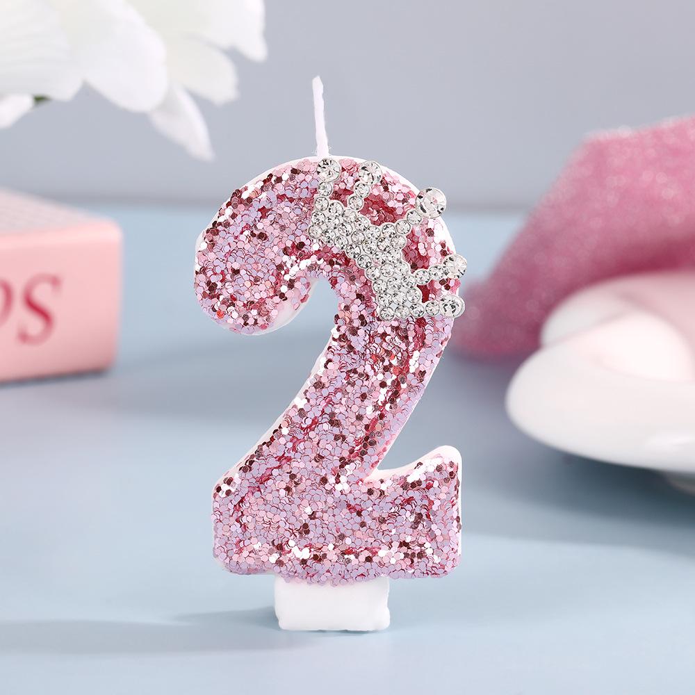High-End Pink Glitter Crown Number Candle for First Birthday Cake Decoration