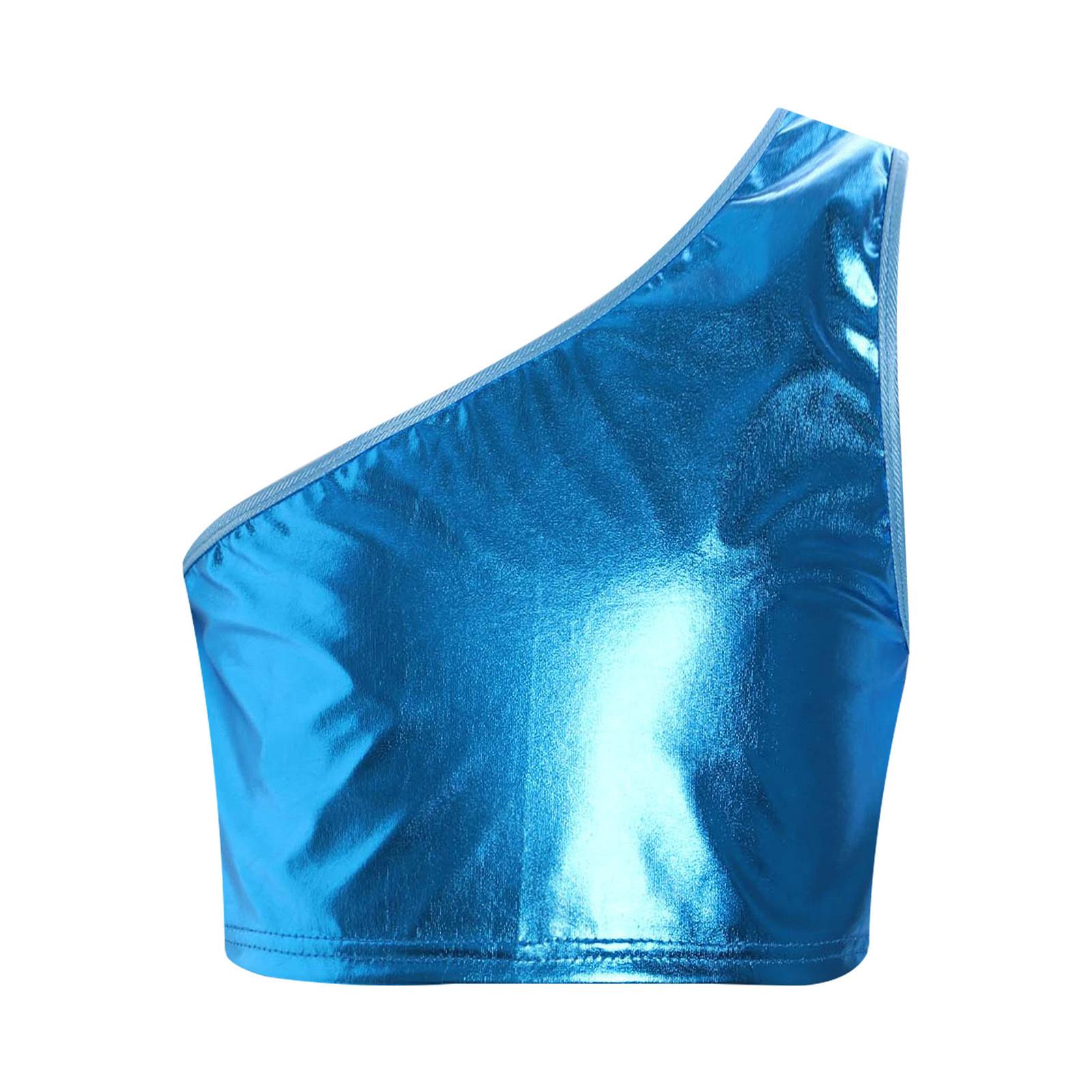 

Unisex Single Shoulder Slant Shoulder Sleeveless Shiny Metallic Crop Vest Performance Top синій