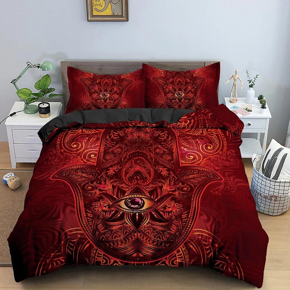 Hamsa Hand King Queen Bedding Set Hand of Fatima Duvet Cover Boho Mandala Black Gold Lucky Hand Polyester Quilt Cover