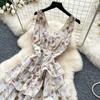 Summer Vacation Floral Printed Halter Chiffon Tiered Maxi Dress for Women Sexy V-Neck Backless Lace-up Ruffles Holiday Long Dress
