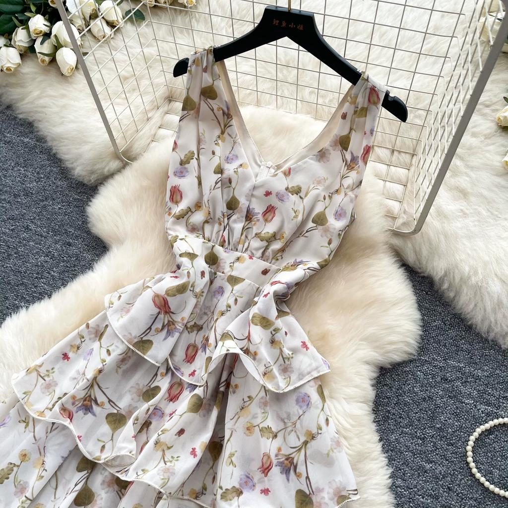 Summer Vacation Floral Printed Halter Chiffon Tiered Maxi Dress for Women Sexy V-Neck Backless Lace-up Ruffles Holiday Long Dress