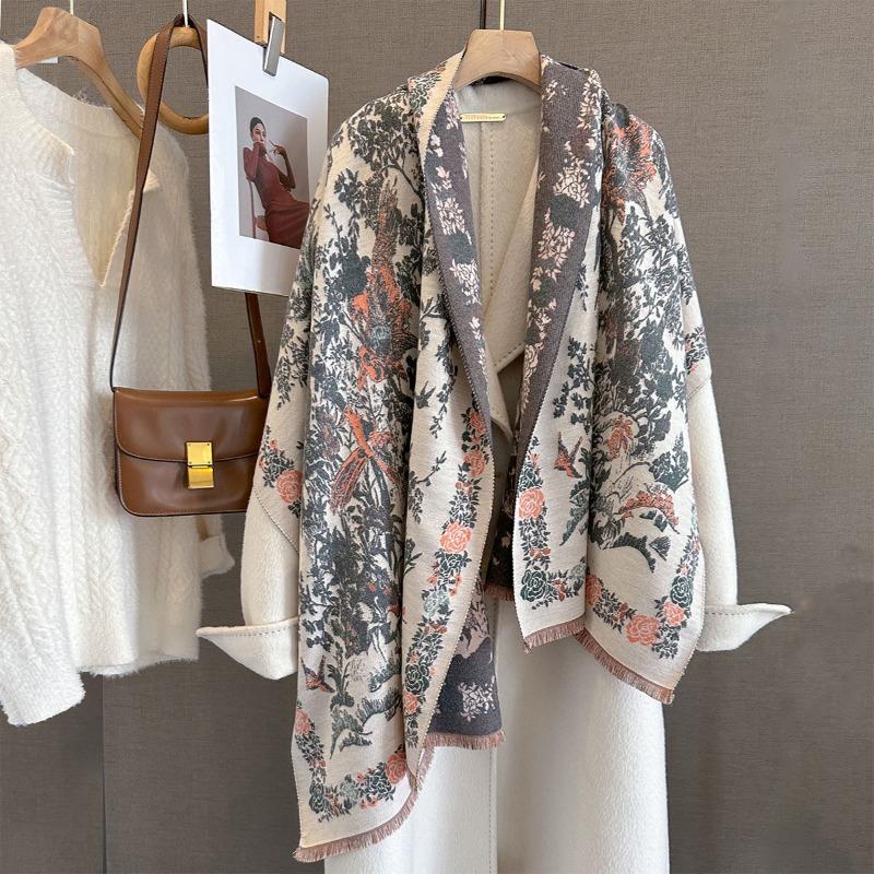 New retro flower and bird printing imitation cashmere autumn and winter warm neck protection scarf versatile fashion atmosphere scarf