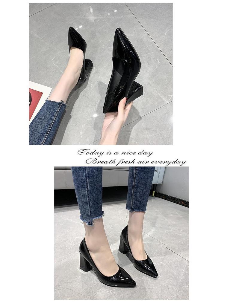 Women's Black Suede Chunky Heel High Heels - Comfortable Professional Formal Shoes