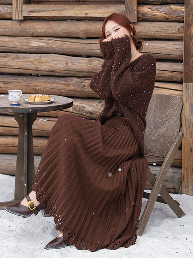 Fei Yuan Elegant Pleated Wool Plaid Skirt - Women's Autumn/Winter Midi in Versatile Solid Color