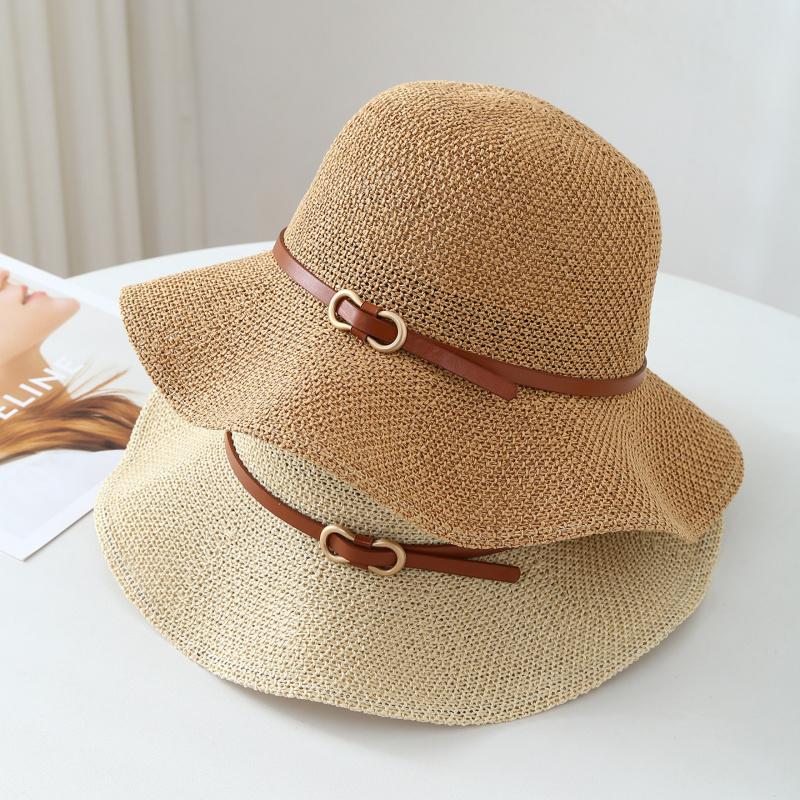 Women's Knitted Bucket Hat with Belt Windproof Versatile Sunhat for Spring Summer Autumn Fisherman Style
