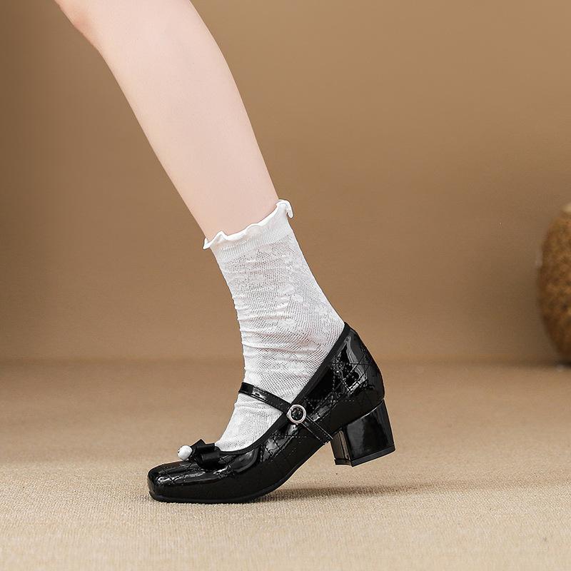 Miao Lu Beidao Diary Thick Heel Mary Jane Shoes Women's Spring Shallow Mouth High Heels Bow Height Increasing Single Shoes