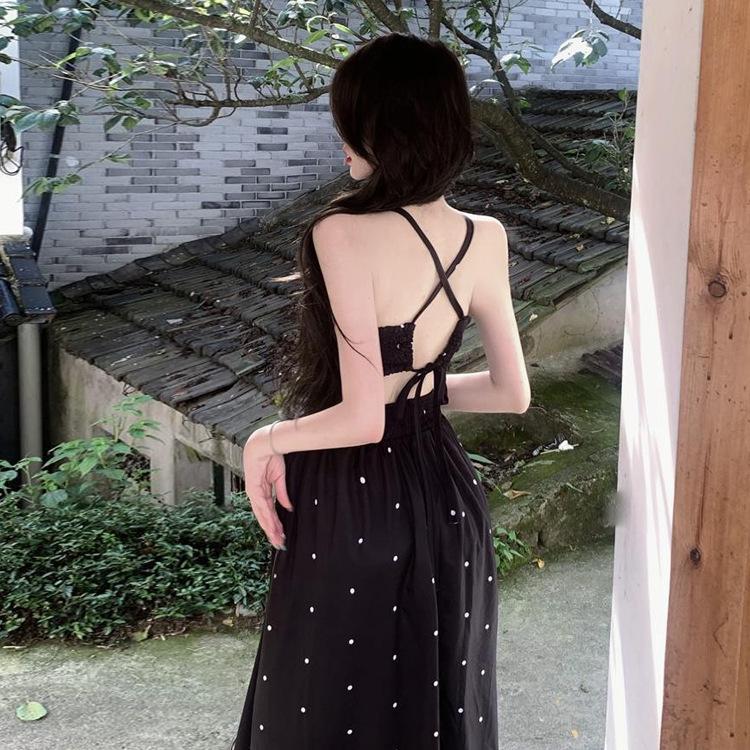 2025 High-End Women's Black Polka Dot Backless Camisole Summer Dress
