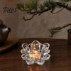 Talos Crystal Lotus Flower Tealight Candle Holders, Glass Tea Light Candlestick Decor with Deep Grooved Plate, Multifunctional Decoration for