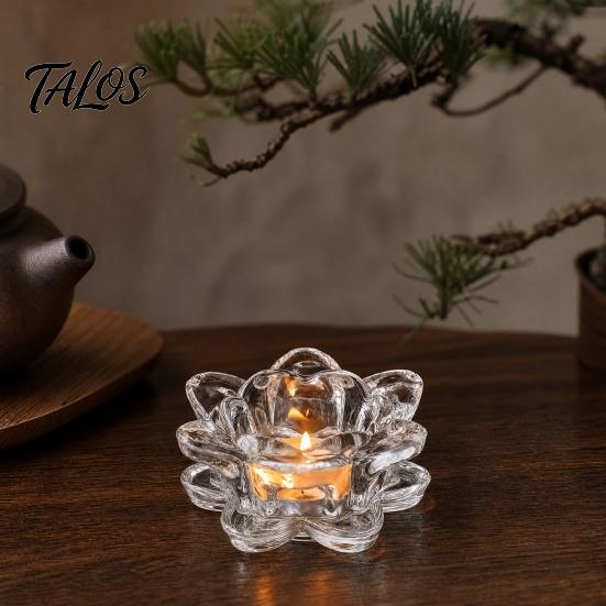 Talos Crystal Lotus Flower Tealight Candle Holders, Glass Tea Light Candlestick Decor with Deep Grooved Plate, Multifunctional Decoration for