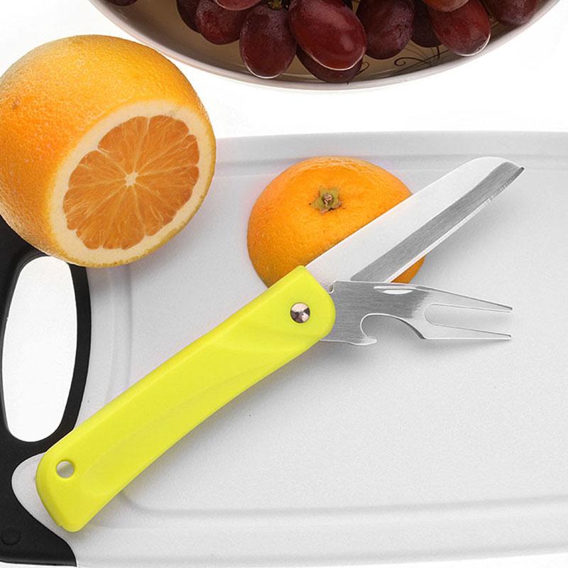 Stainless Steel Kitchen Fruit Knives ABS Handle Folding Slicing Knife with Fork Camping Pocket Peeler