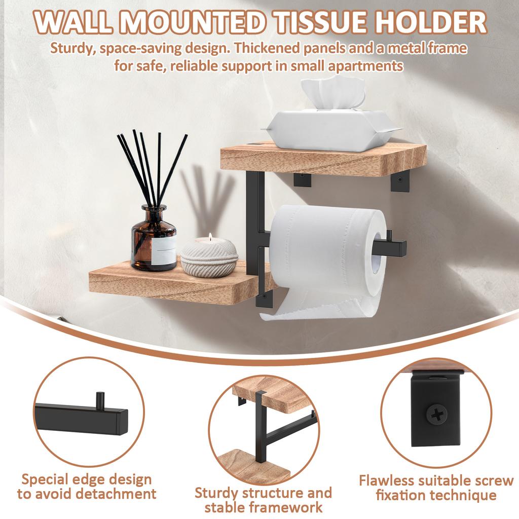 Toilet Paper Holder with Wooden Shelf Wall Mounted Tissue Roll Dispenser Hanger Decorative Bathroom Bar Kitchen Accessories