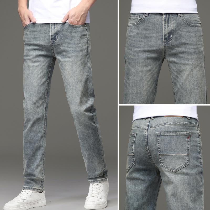 Men's Slim Fit Stretch Jeans - Trendy Mid-High Waist Straight Trousers for Spring & Autumn
