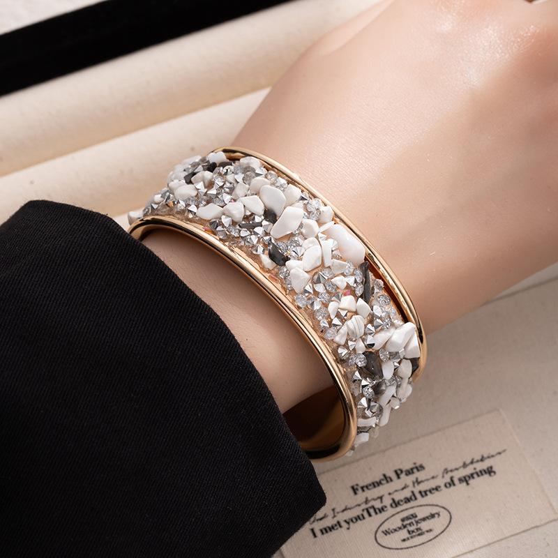 Colored gravel wide-sided open bracelet, flash diamond-encrusted bracelet, men's and women's personality trendy and cool hand jewelry