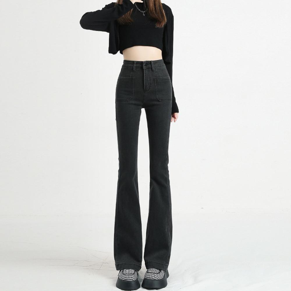 Black and gray Spice Girl micro-pull jeans women's 2025 new spring and autumn high-waisted hips and thin flared jeans