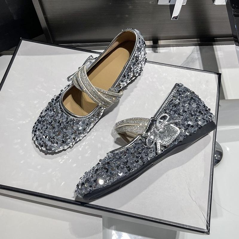 Fashion Bow Rhinestone Single Shoes Autumn New Round Toe Shallow Mouth Soft Sole Non-slip Wear-resistant Low Heel Shoes