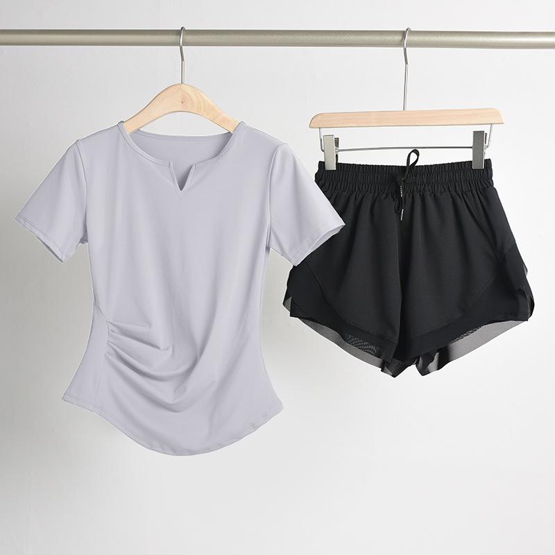 Yoga clothes women s summer 2026 quick-drying running Pilates fitness suit sports short-sleeved top yoga shorts set S