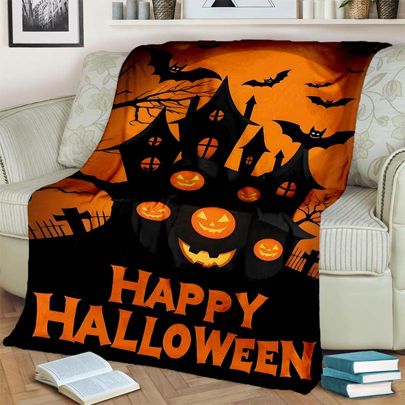 Halloween Pumpkin Ghost Print Flannel Blanket Cozy Warm Throw Bedroom Sofa Present Indoor Home Holiday Lounge Bedding Decor