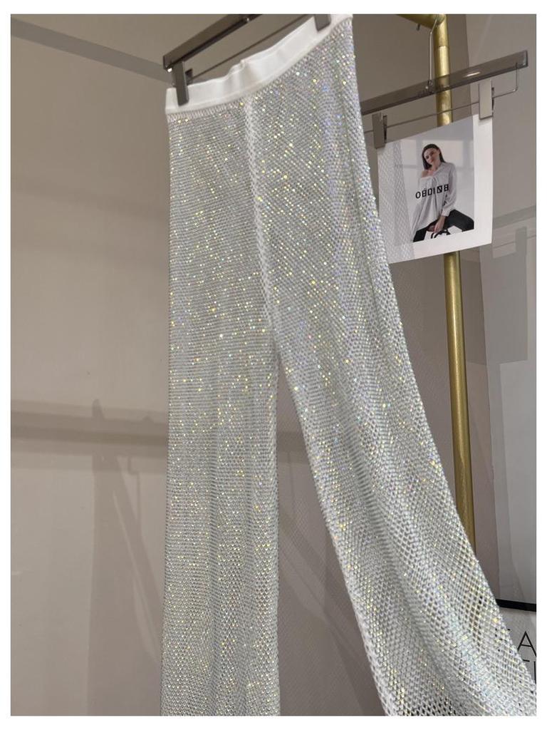 Letní sexy síťované kalhoty s výřezy a kamínky se širokými nohavicemi do nočního klubu