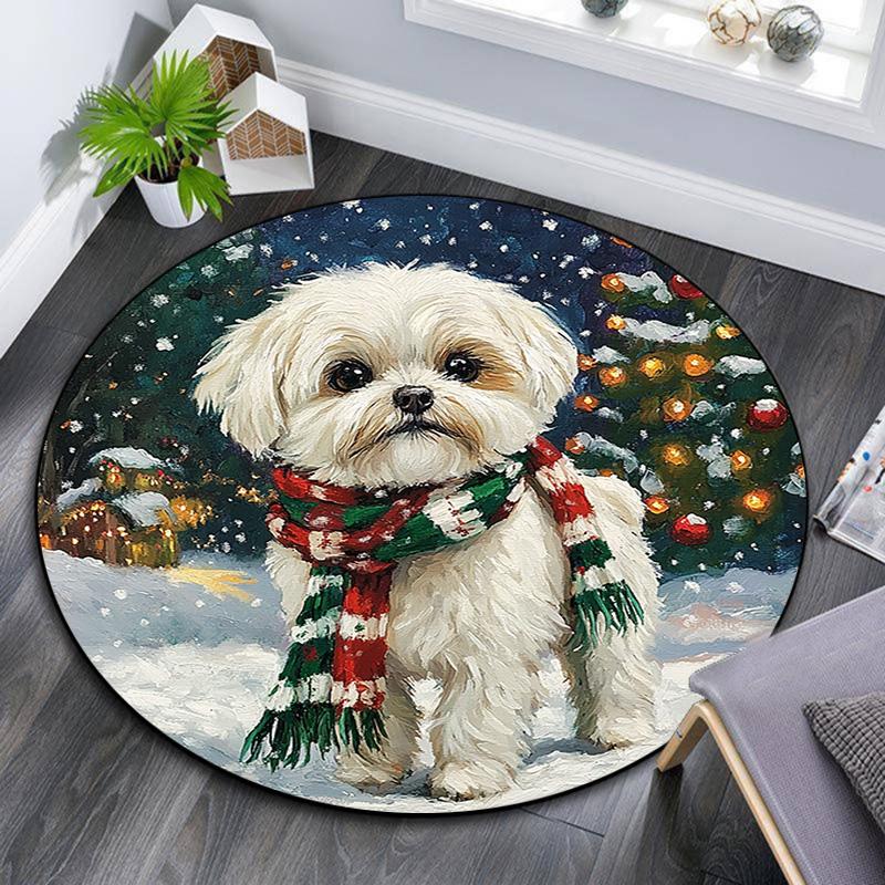 Winter Dog Round Area Rug,Carpet Rug for Living Room Bedroom Sofa Playroom Decor,Non-slip Floor Mat